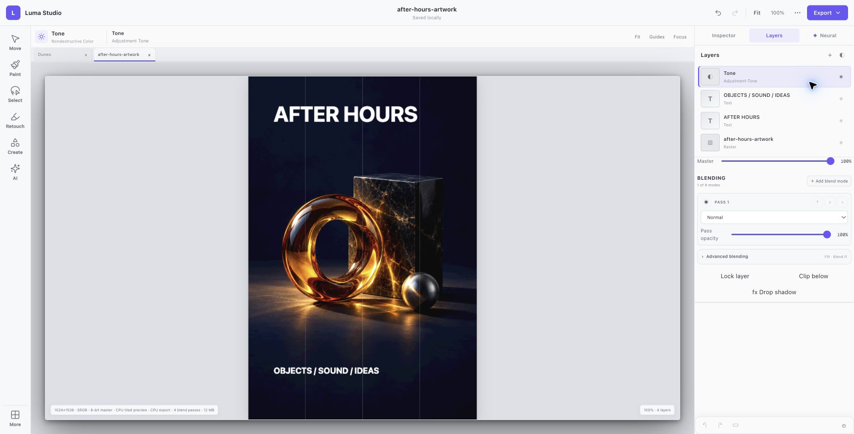 Actual Luma Studio workspace from the After Hours project: After Hours Exhibition Poster.