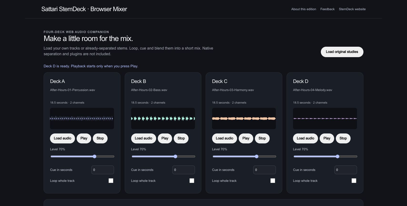 StemDeck: Hear the ingredients. Four supplied original parts fill the four decks. Each 18.5-second stereo file has its own real waveform; these parts were composed separately.