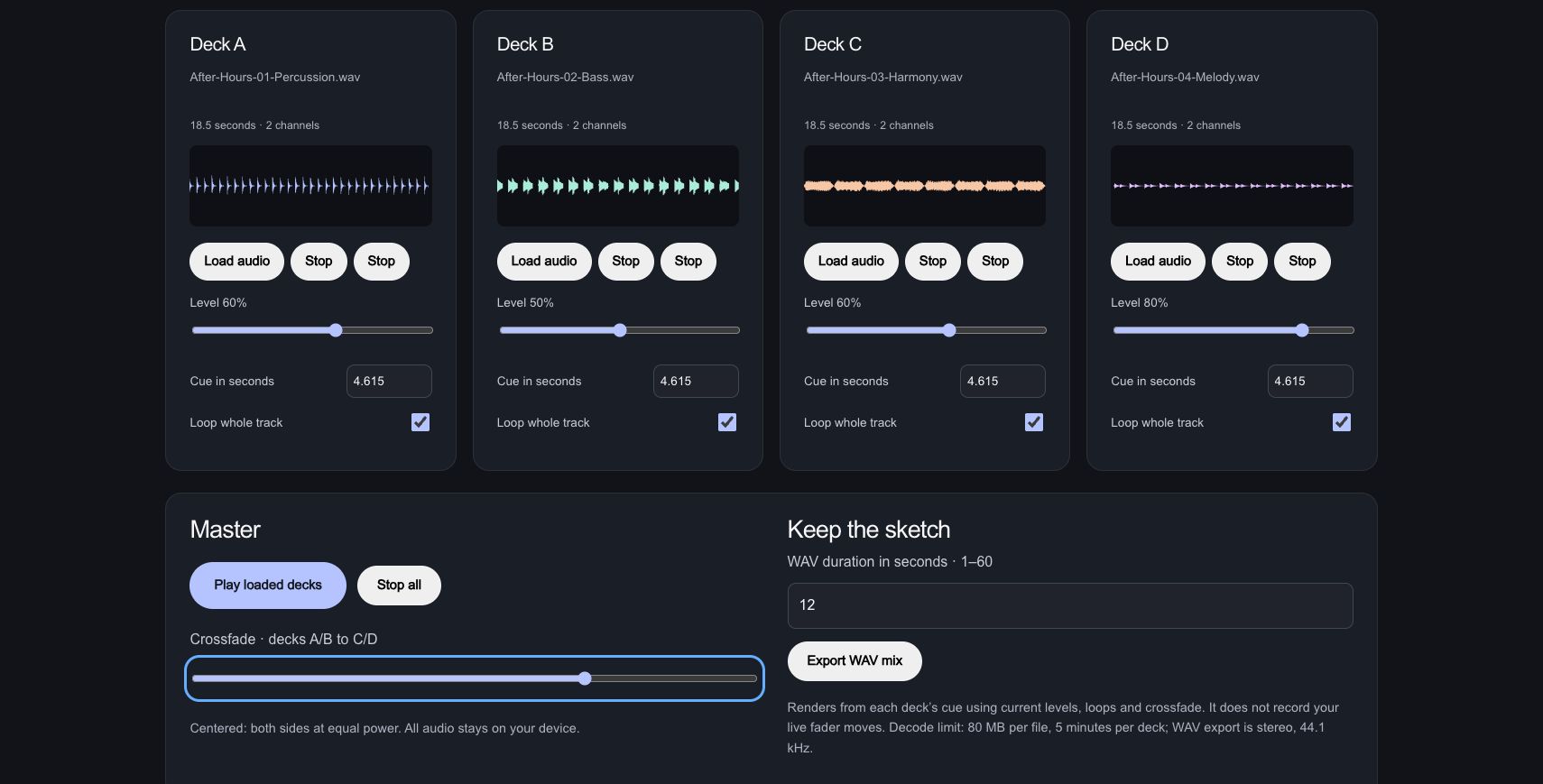 StemDeck: Bring the melody forward. While the loaded decks play, the crossfader moves from the centre to 0.40 toward the harmony and melody decks.