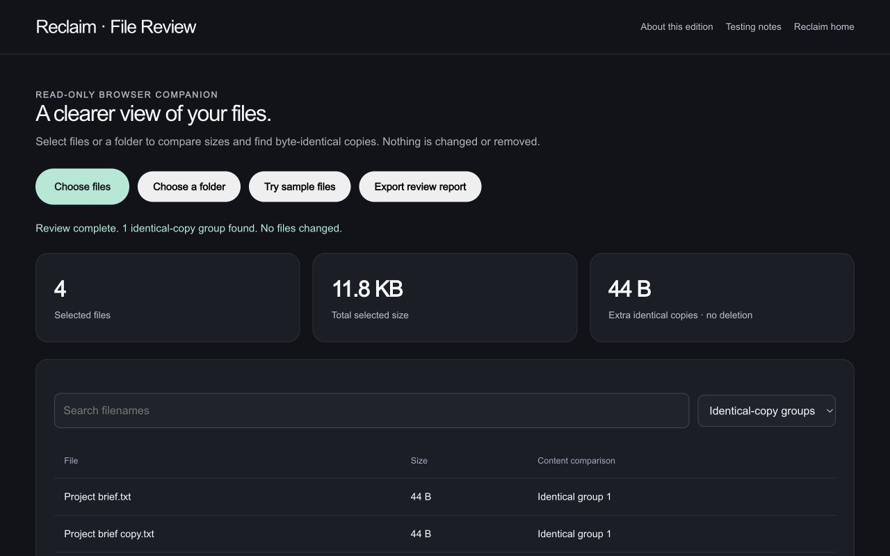 Two 44-byte briefs share identical content: one duplicate group and 44 bytes in the extra copy. Matching is based on content, not the filename.