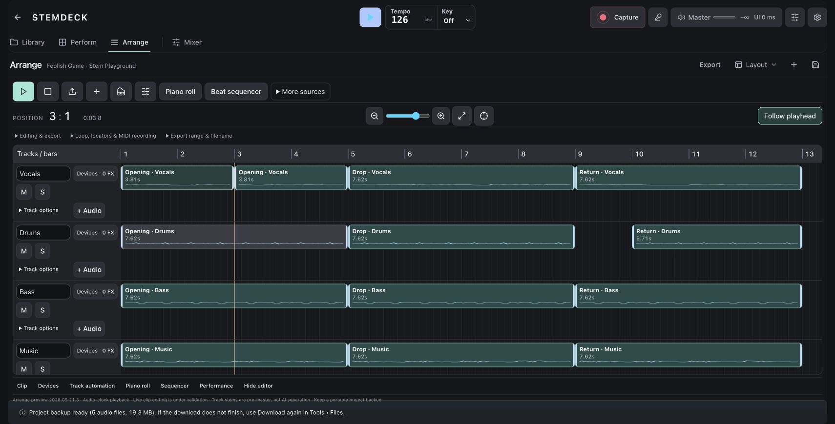 A 12-bar edit with separate vocal, drum, bass and music tracks, phrase cuts and a one-bar drum break.