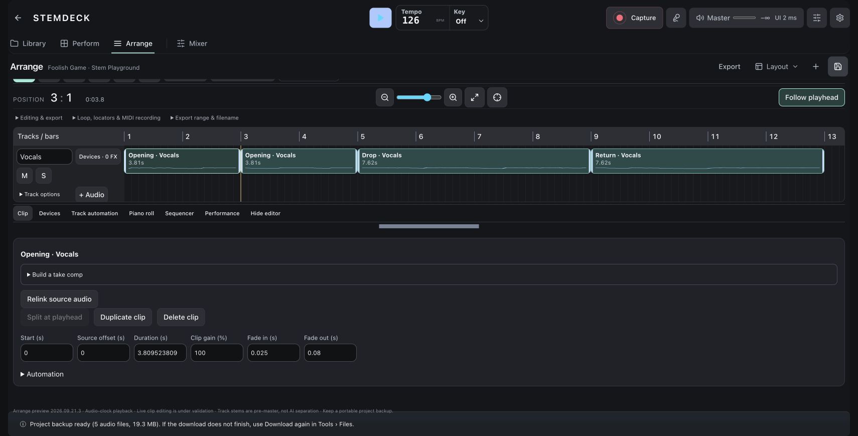 Get precise with a cut. Select a clip to edit its source offset, start, duration, gain and fades. Split at the playhead to make another variation.