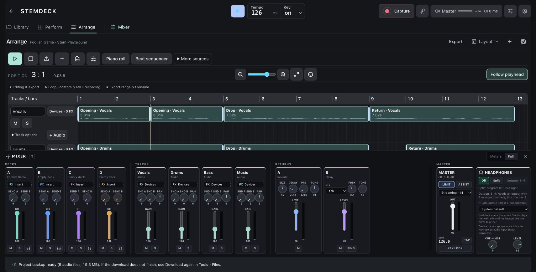 Balance the session. The current Sattari mixer brings channel levels and the session output into one workspace.