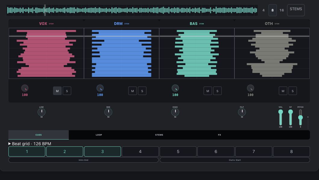 Find the space around the vocal. Mute or solo a stem and change its level in the real performance deck. The lessons above open the actual editor with these prepared parts.