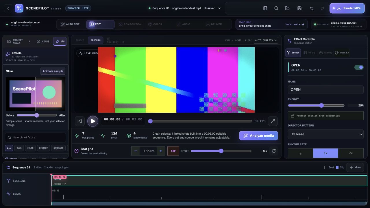 Inspect the available Browser Lite effects and editing controls.