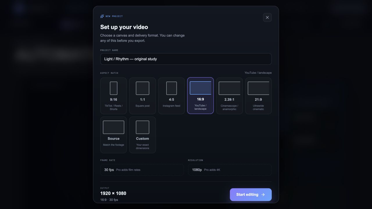 ScenePilot: Set the canvas. Choose an aspect ratio and begin a browser video project.